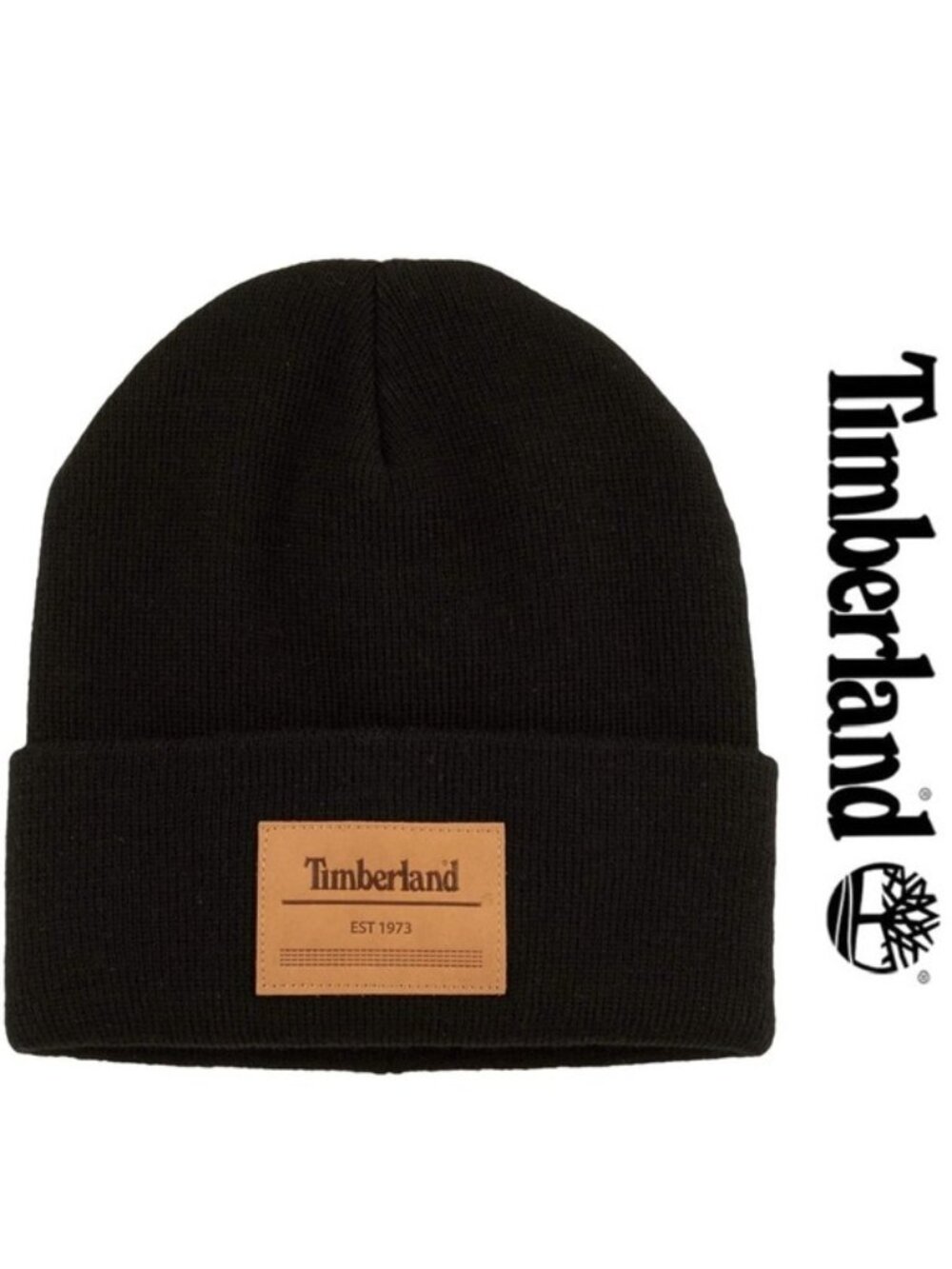 Timberland | Leather Patch Beanie Hat - Black | One Size